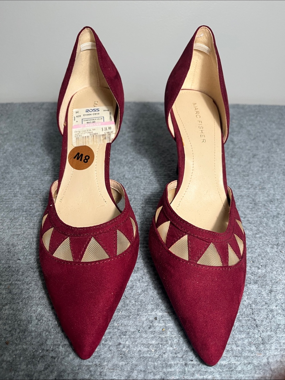 Marc Fisher Burgundy Pointed-Toe D'Orsay Heels with Mesh Insets